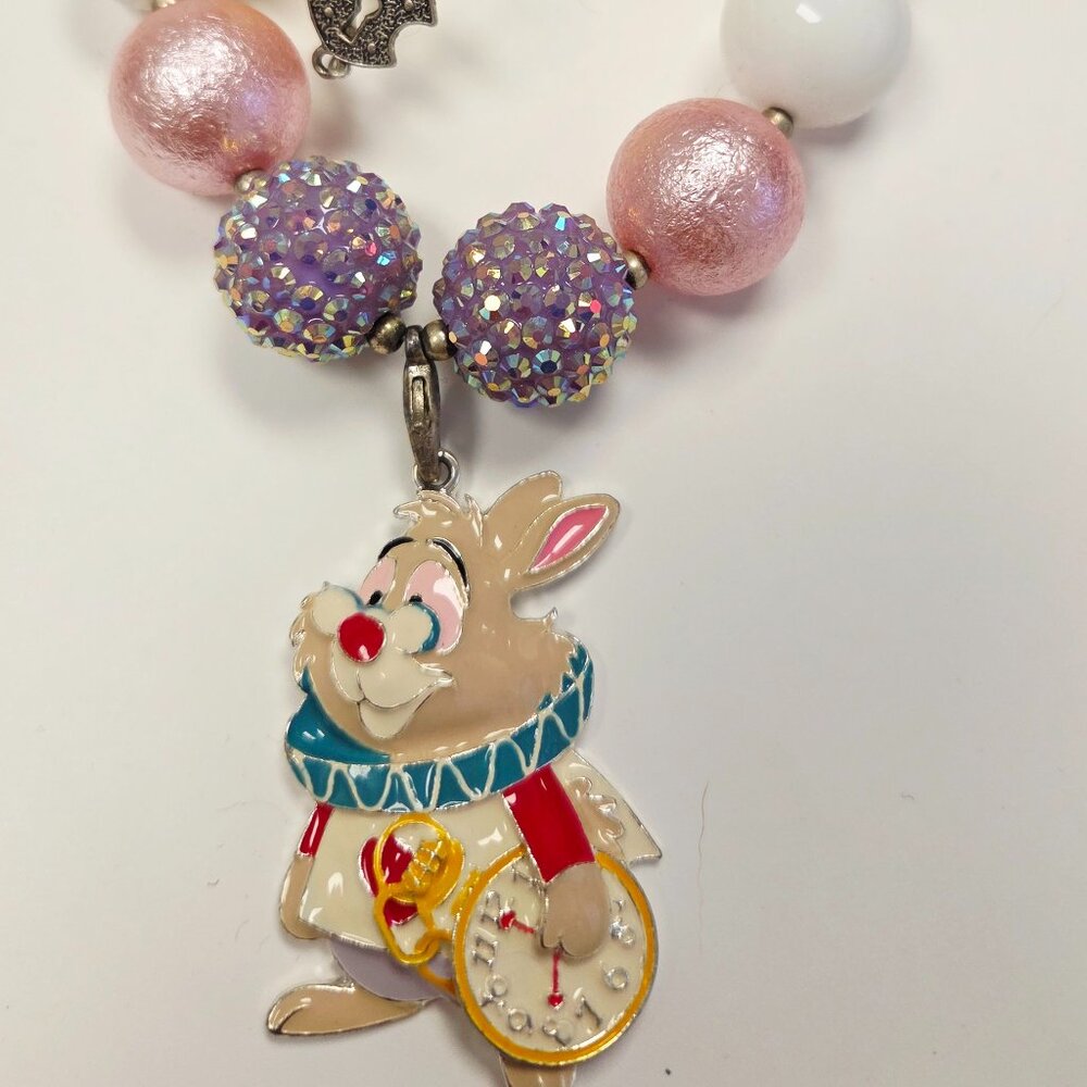 Girls Bubble Chunky Bead Necklace - Adorable Alice in Wonderland White Rabbit